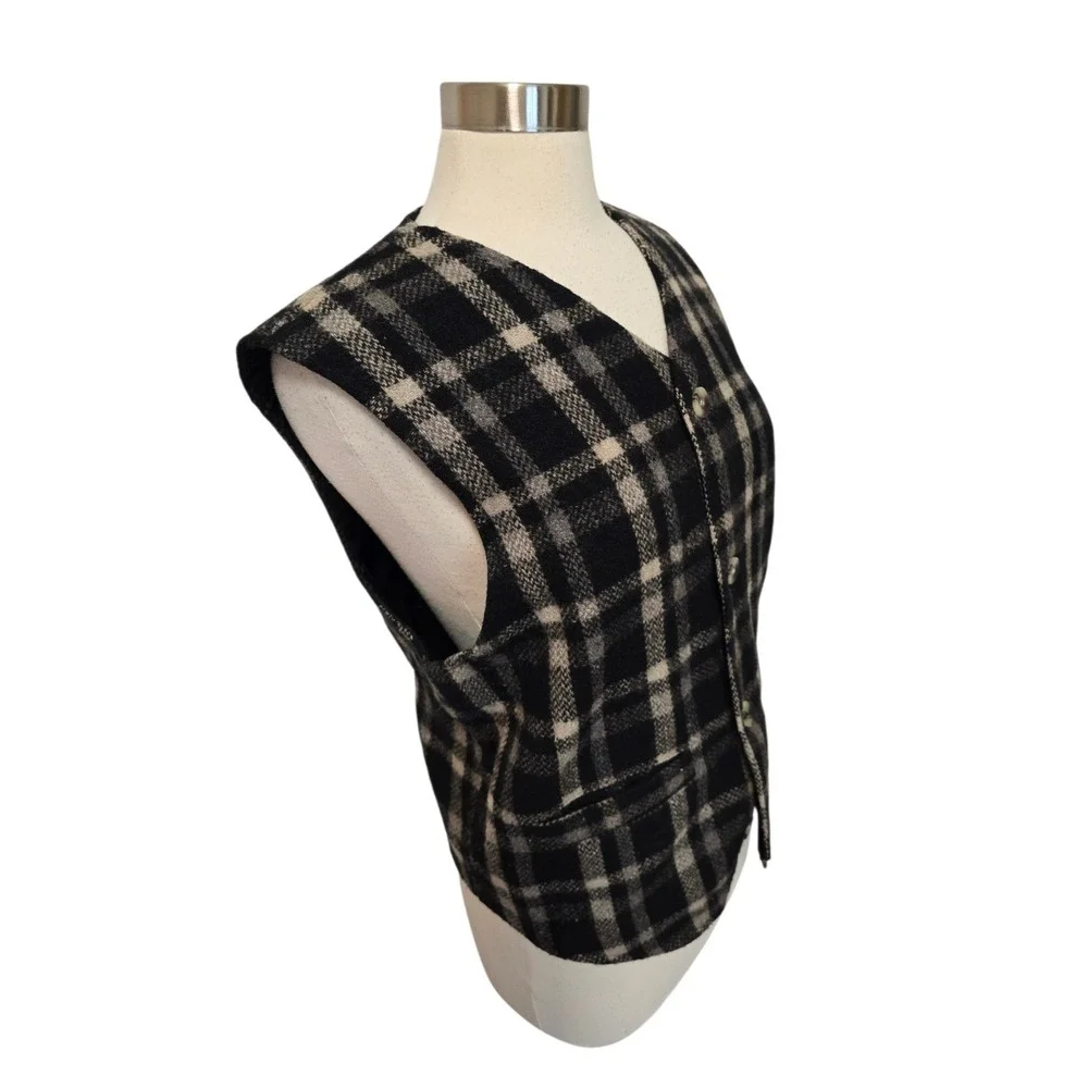 Womens Wool Vest Black White Plaid‎ Size Small 90s Vintage